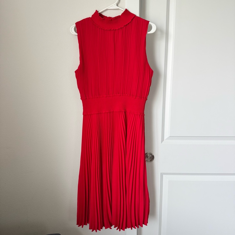 Nanette Lepore Red Smocked Pleated Dress Size 12 Mock Neck Evening Wedding - Picture 3 of 16